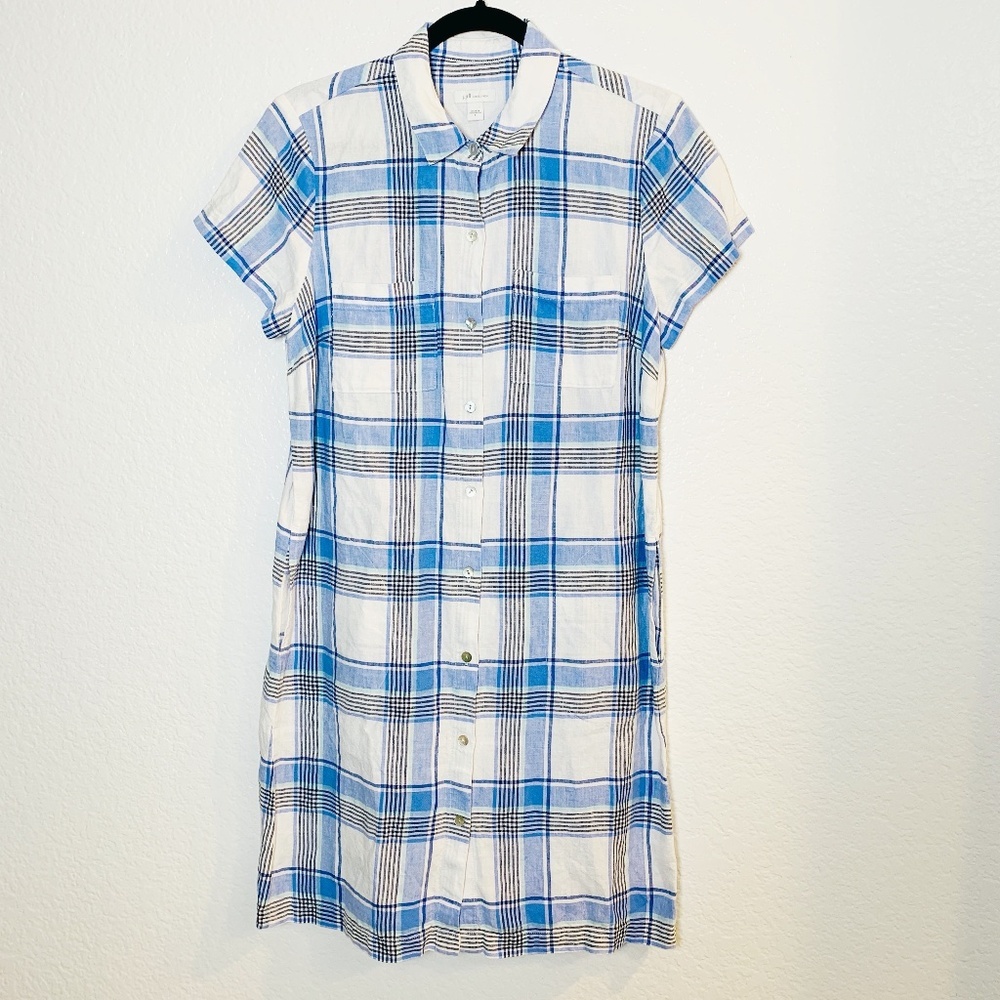 J. Jill Love Linen Blue Plaid Shirt Dress Size Small Button Up Short Sleeve